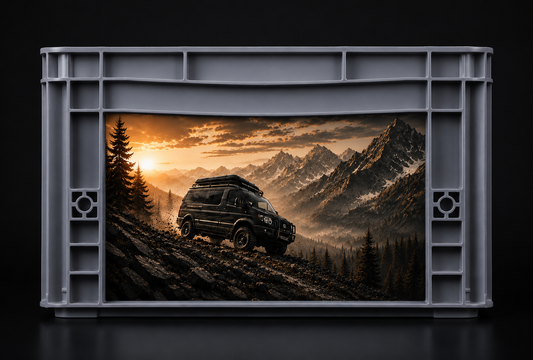 Auer Eurobox 40 × 30 × 27 cm mit Offroad Mountain Sticker-Set im hochwertigen Digitaldruck.