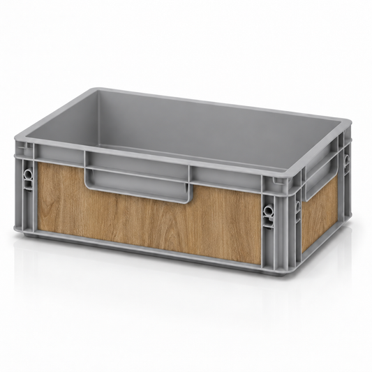 Graue Eurobox 40 × 30 × 12 cm mit Folienset in warmer Holzoptik