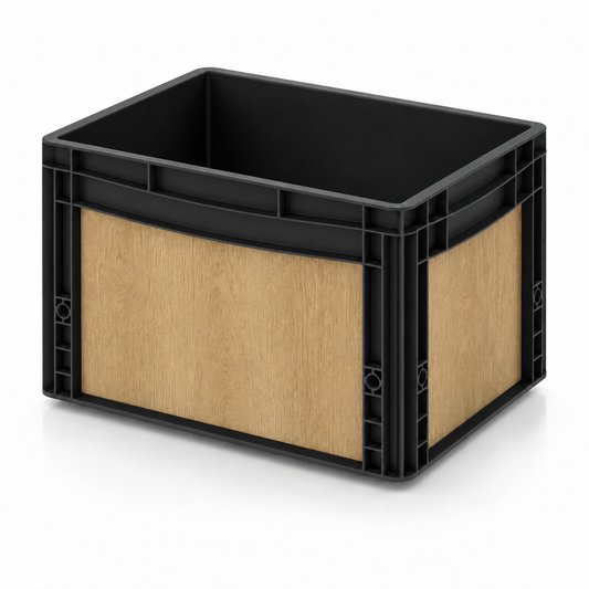 Schwarze Eurobox 40 × 30 × 27 cm mit Folienset in warmer Holzoptik