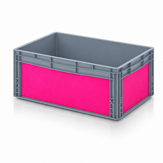 Graue AUER Eurobox 60 × 40 × 27 cm mit leuchtend pinker DIY-Folie von OctoVan