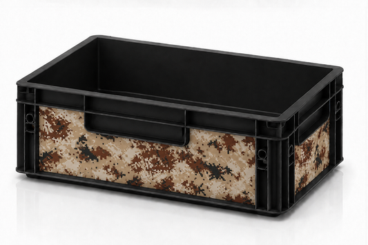 Schwarze Eurobox 40 x 30 x 12 cm mit Camouflage Braun Folierung von OctoVan für Camper, Vanlife und Outdoor-Ausrüstung.