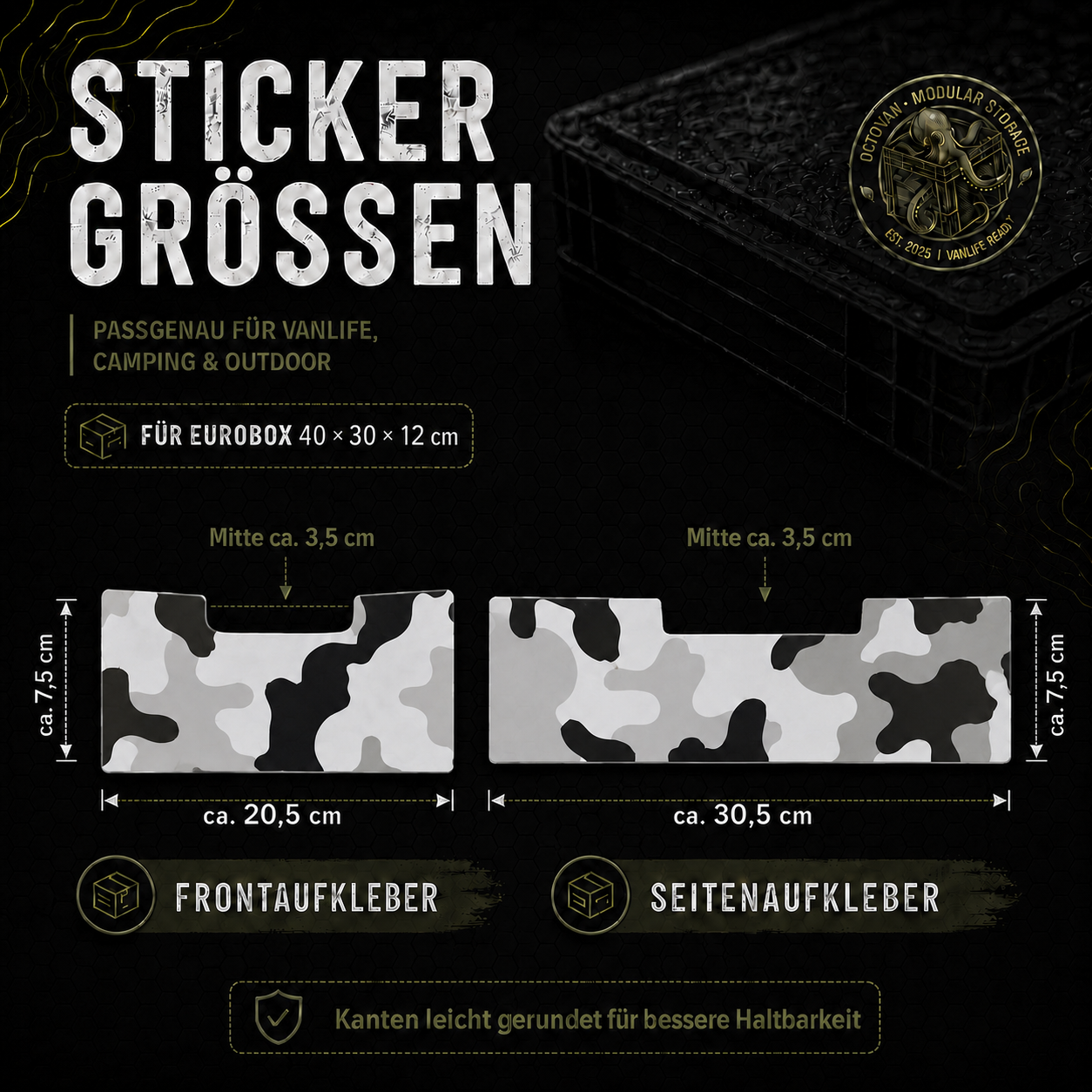 Größenübersicht des Camouflage SW Sticker-Sets für Eurobox 40x30x12 cm mit Maßen für Frontaufkleber und Seitenaufkleber