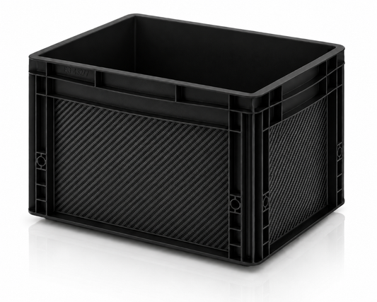 Schwarze Eurobox mit OctoVan Carbon Black Sticker-Set für Vanlife, Camping und Outdoor.