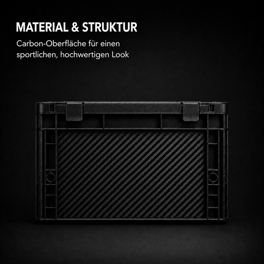 Detailansicht der Carbon-Strukturfolie auf einer OctoVan Eurobox mit realistischer Carbon-Oberfläche.