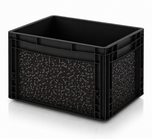 Schwarze Eurobox mit OctoVan Hexagon Black Sticker-Set für Vanlife, Camping und Outdoor.