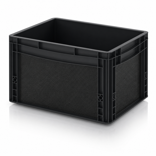 Schwarze Eurobox mit passgenauer Ledereffekt-Folie in Schwarz auf Front- und Seitenflächen.