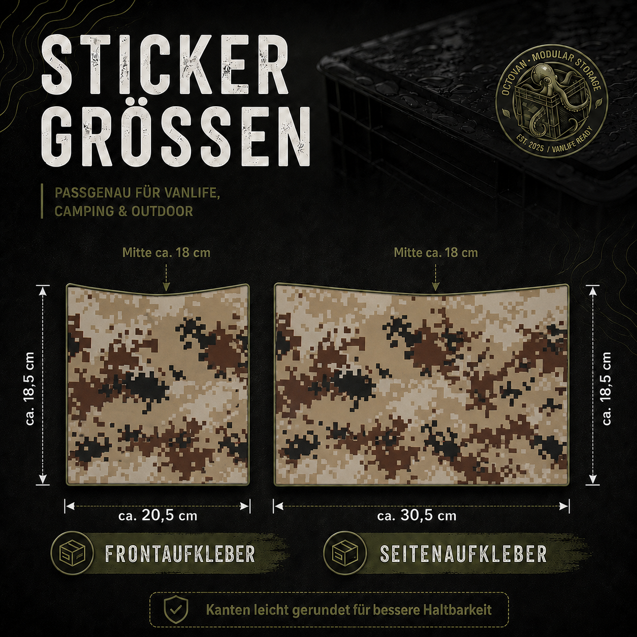 Grafik mit Aufklebermaßen für OctoVan Eurobox Sticker-Set Digital Camouflage Sand Beige Braun.
