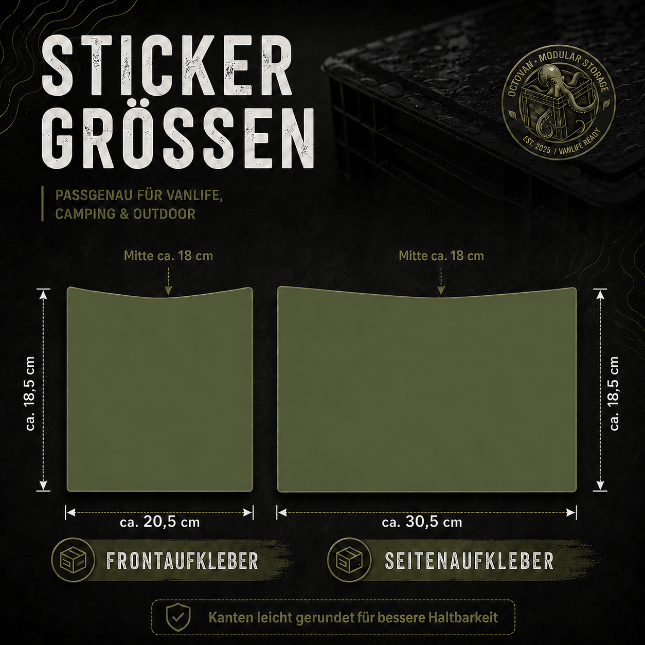 Grafik mit Aufklebermaßen für OctoVan Eurobox Sticker-Set Matt Olivgrün.