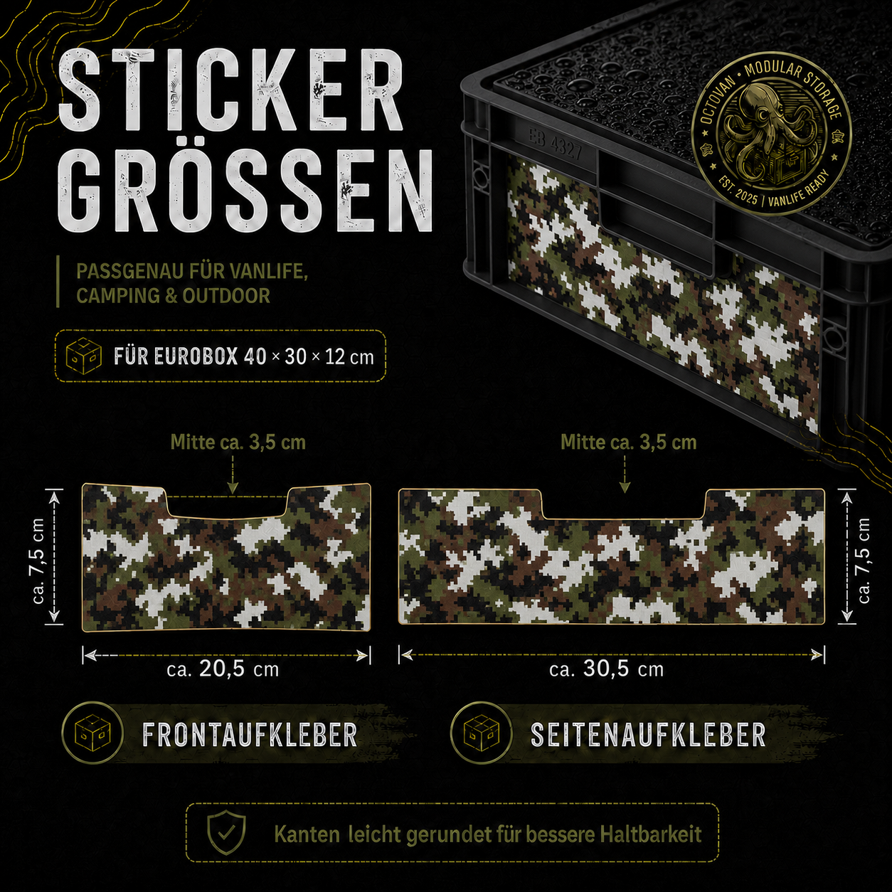 Grafik mit Stickergrößen für OctoVan Eurobox 40 x 30 x 12 cm Digital Camouflage Grün Sticker-Set mit Frontaufkleber und Seitenaufkleber.