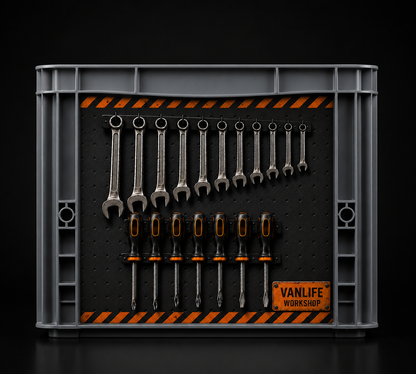 Industrial Sticker-Set für Auer Eurobox 40×30×27 cm mit Werkzeugwand und Vanlife Workshop Design.