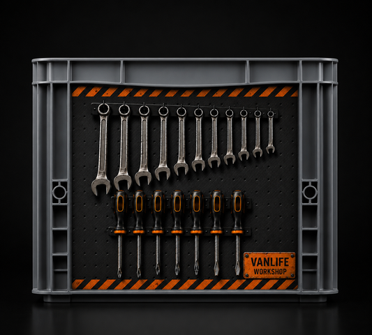 Industrial Sticker-Set für Auer Eurobox 40×30×27 cm mit Werkzeugwand und Vanlife Workshop Design.