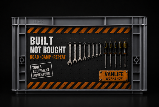 Digitaldruck Sticker-Set "Built Not Bought" für Auer Eurobox 40×30×27 cm mit Werkzeugwand, Industrial-Design und Vanlife Workshop Motiv.