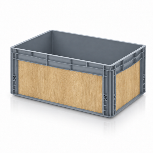 Graue Eurobox 60 × 40 × 27 cm mit Folienset in Eiche Natur Holzoptik
