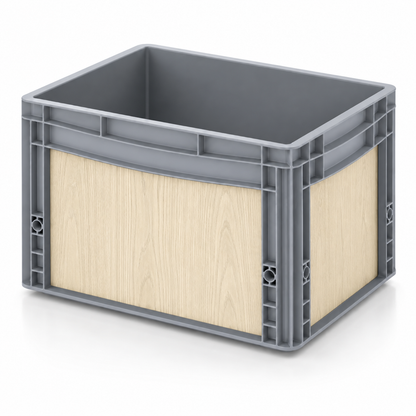 Graue Eurobox 40 × 30 × 27 cm mit Folienset in heller Naturholz-Optik