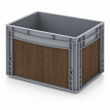 Graue Eurobox 40 × 30 × 27 cm mit Folienset in dunkler Nussbaum Holzoptik