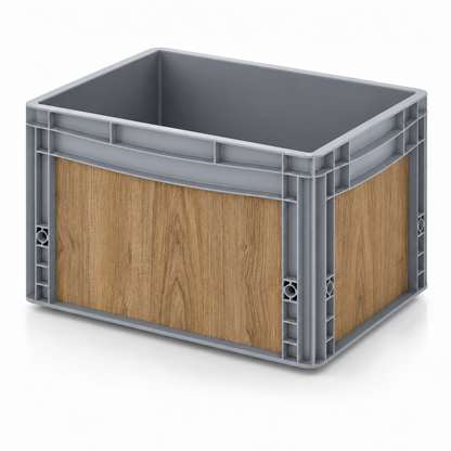 Graue Eurobox 40 × 30 × 27 cm mit Folienset in warmer Holzoptik