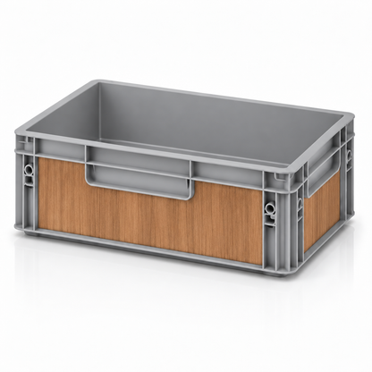 Graue Eurobox 40 × 30 × 12 cm mit Folienset in Teak Holzoptik