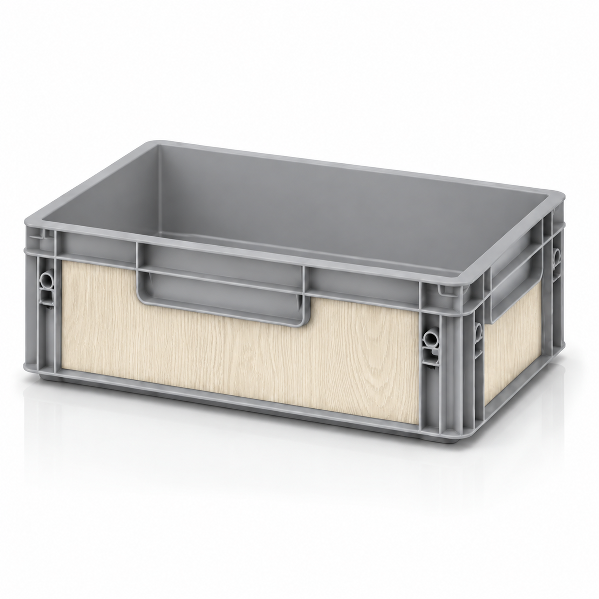 Graue Eurobox 40 × 30 × 12 cm mit Folienset in heller weißer Holzoptik