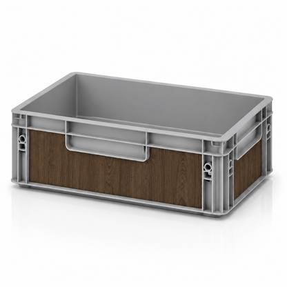 Graue Eurobox 40 × 30 × 12 cm mit Folienset in dunkler Nussbaum Holzoptik