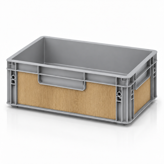 Graue Eurobox 40 × 30 × 12 cm mit Folienset in heller Eiche Holzoptik
