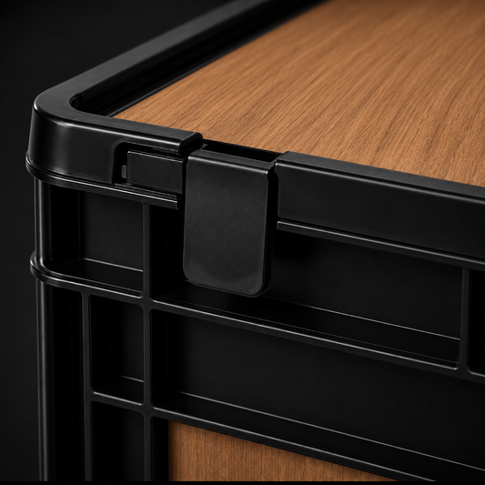 Detailansicht des Deckels einer schwarzen Eurobox mit Teak-Holzoptik