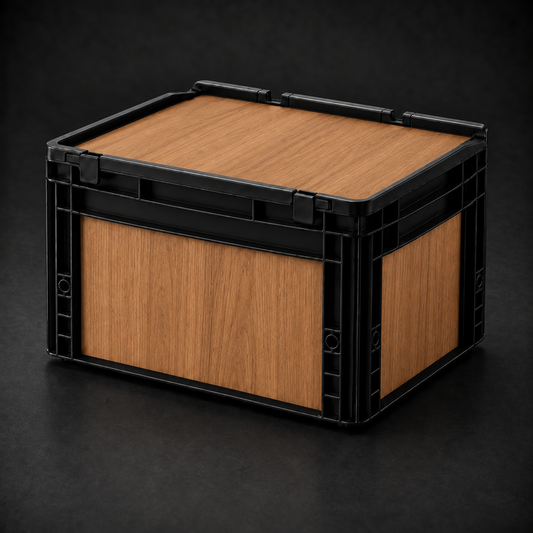 Fertig folierte schwarze Eurobox 40 × 30 × 27 cm mit Deckel in Teak-Holzoptik