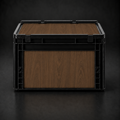 Fertig folierte schwarze Eurobox 40 × 30 × 27 cm mit Deckel in Nussbaum-Dunkel-Holzoptik