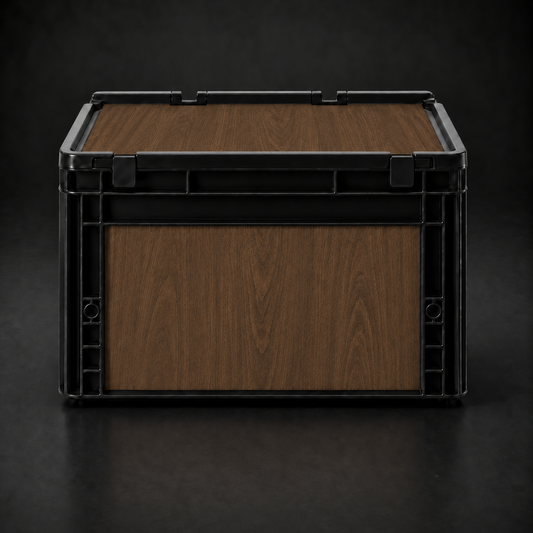 Fertig folierte schwarze Eurobox 40 × 30 × 27 cm mit Deckel in Nussbaum-Dunkel-Holzoptik