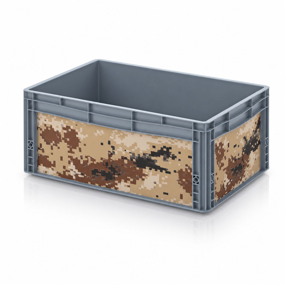 Graue Eurobox von AUER mit digitaler Camouflage-Folie in Braun und Beige
