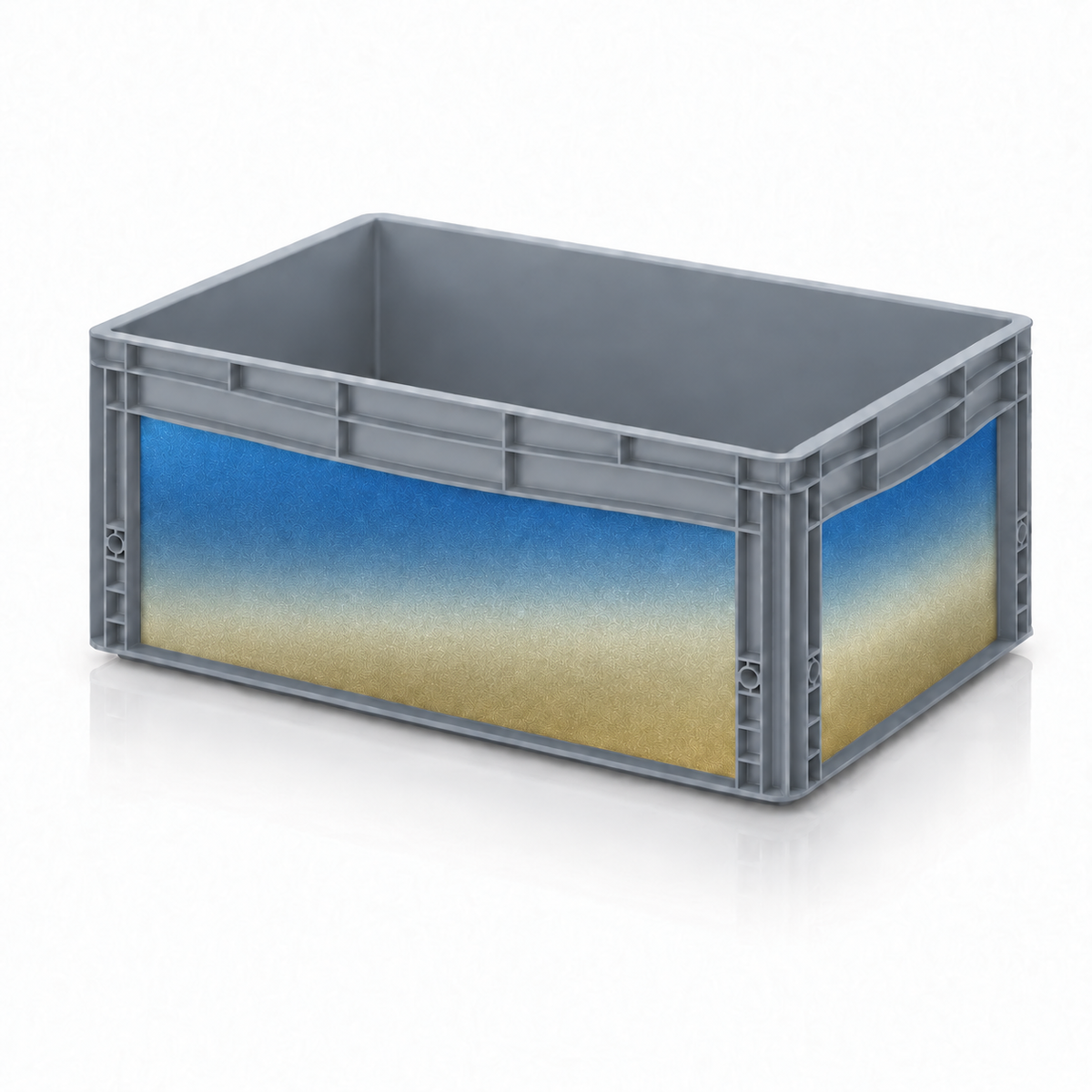 Graue AUER Eurobox 60 × 40 × 27 cm mit Farbwechsel-Folie in Blau und Gold
