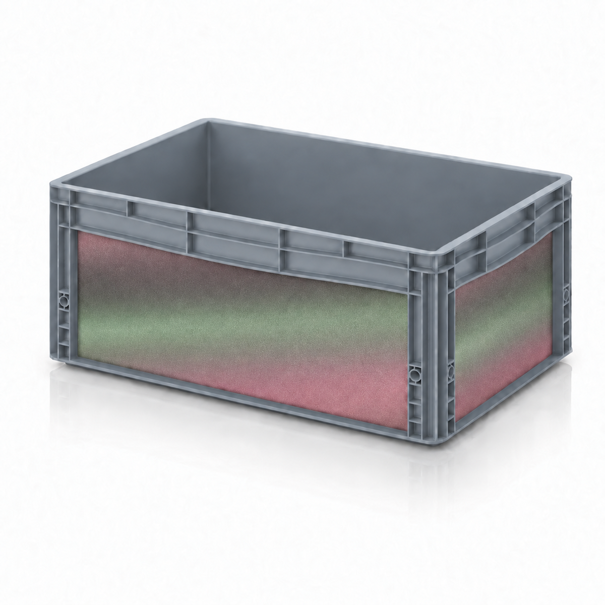 Graue AUER Eurobox 60 × 40 × 27 cm mit dezenter Farbwechsel-Folie in Grün und Rosa
