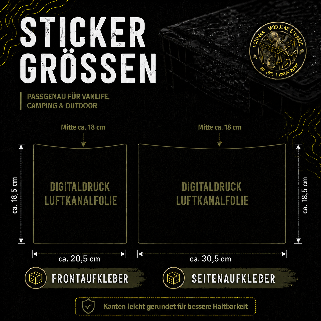 Grafik mit den Stickergrößen für OctoVan Eurobox-Aufkleber. Schwarzes Design mit goldenen Akzenten. Links der Frontaufkleber (ca. 20,5 × 18,5 cm), rechts der Seitenaufkleber (ca. 30,5 × 18,5 cm), 