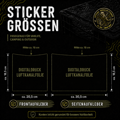Grafik mit den Stickergrößen für OctoVan Eurobox-Aufkleber. Schwarzes Design mit goldenen Akzenten. Links der Frontaufkleber (ca. 20,5 × 18,5 cm), rechts der Seitenaufkleber (ca. 30,5 × 18,5 cm), 