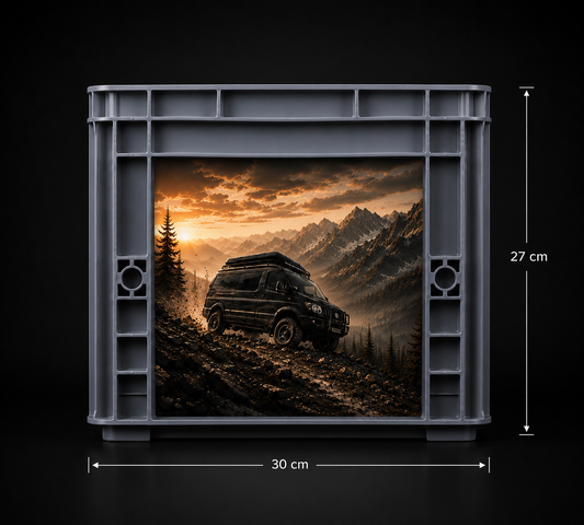 Graue Auer Eurobox mit Offroad-Bergmotiv auf Premium-Digitaldruckfoli