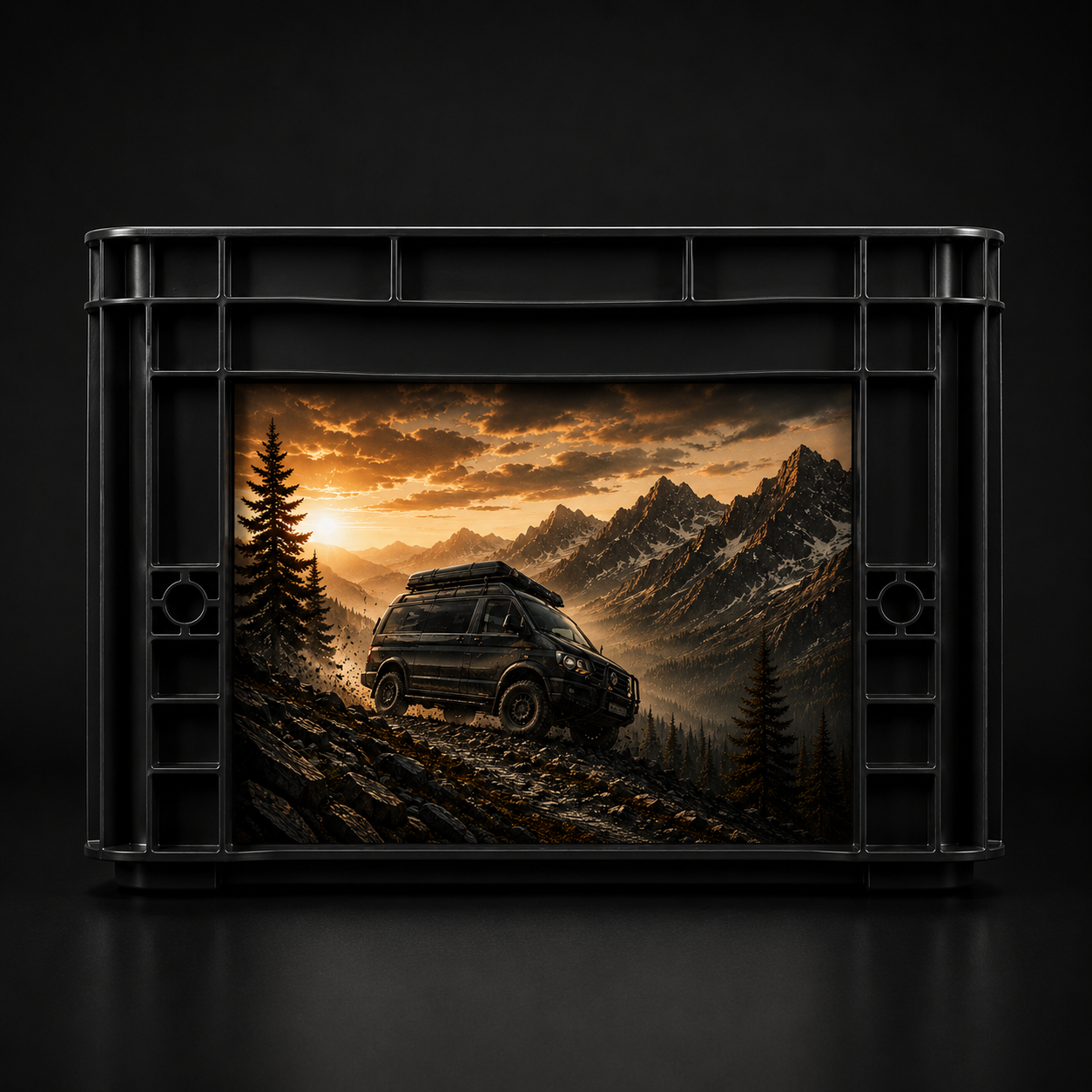 Auer Eurobox 40 × 30 × 27 cm mit hochwertigem Offroad-Bergmotiv im Digitaldruck auf Front- und Seitenfläche, passend für Vanlife und Camping.