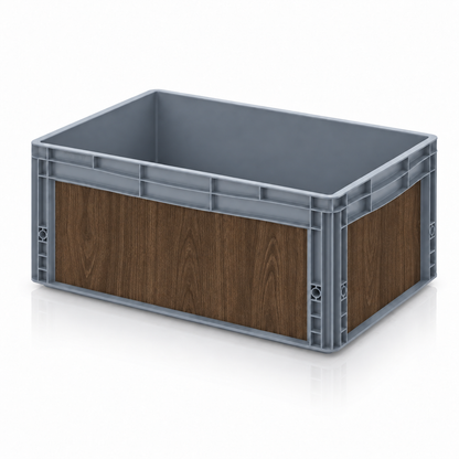 Graue Eurobox 60 × 40 × 27 cm mit Folienset in Nussbaum Holzoptik