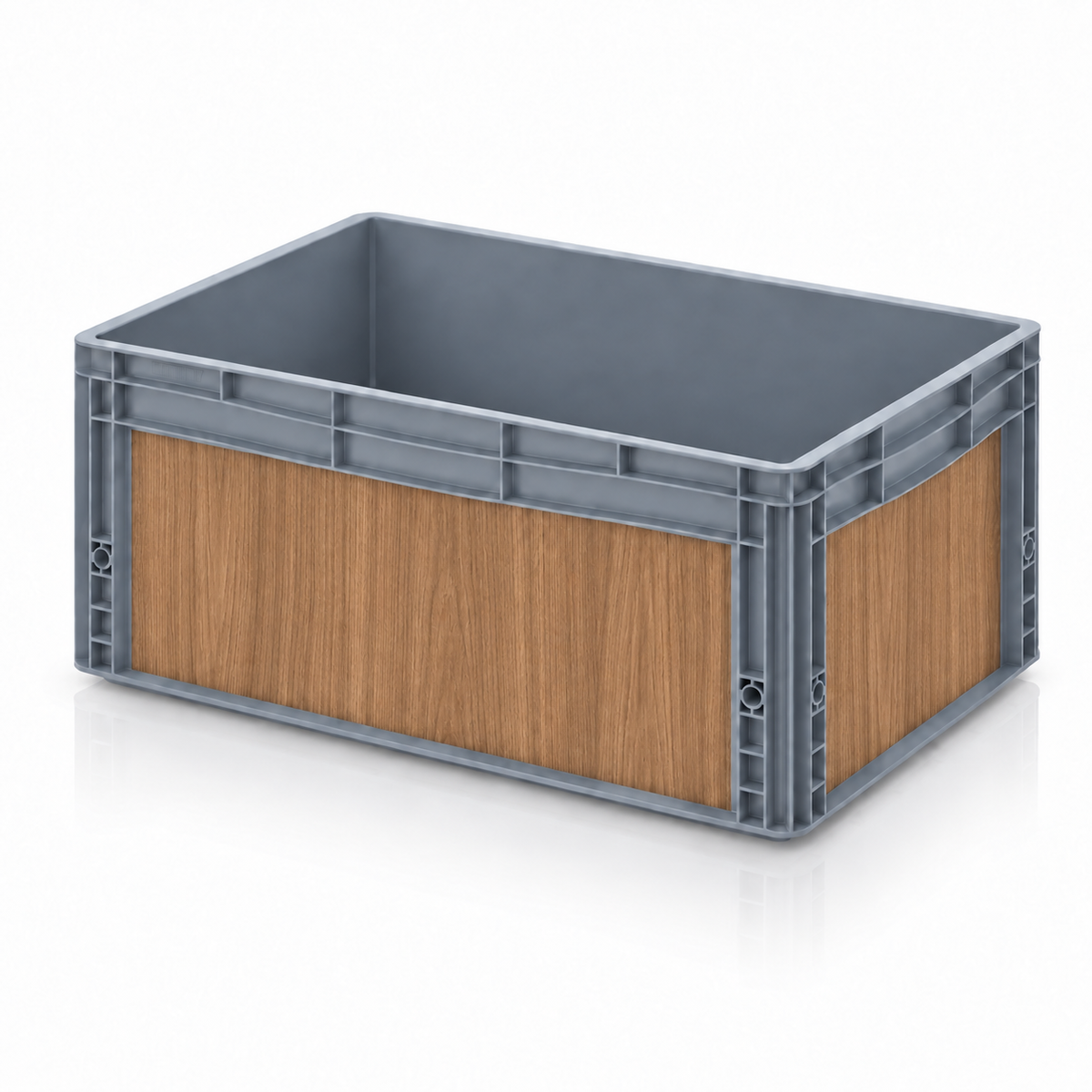 Graue Eurobox 60 × 40 × 27 cm mit Folienset in Teak Natur Holzoptik