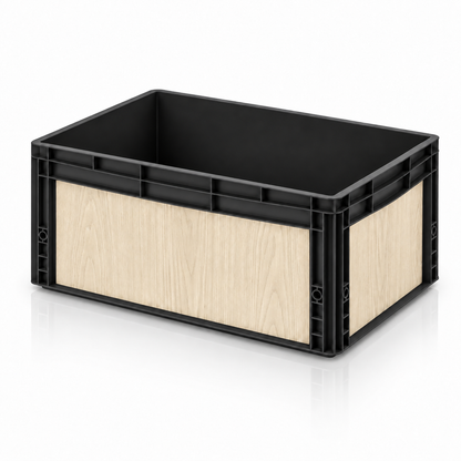 Schwarze Eurobox 60 × 40 × 27 cm mit Holzoptik Folienset Eiche Weiß