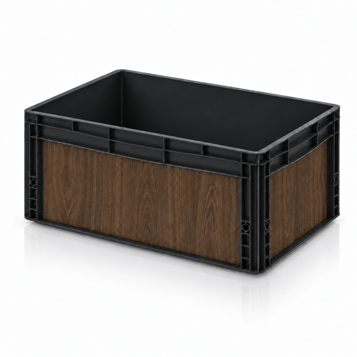 Schwarze Eurobox 60 × 40 × 27 cm mit Holzoptik Folienset Nussbaum Dunkel