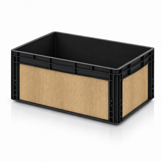 Schwarze Eurobox 60 × 40 × 27 cm mit Holzoptik Folienset Eiche Natur