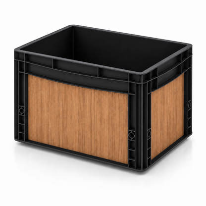 Schwarze Eurobox 40 × 30 × 27 cm mit Folienset in natürlicher Teak Holzoptik