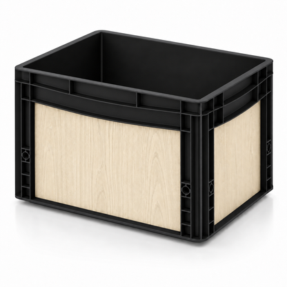Schwarze Eurobox 40 × 30 × 27 cm mit Folienset in heller Naturholz-Optik