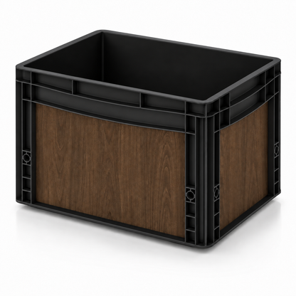 Schwarze Eurobox 40 × 30 × 27 cm mit Folienset in dunkler Nussbaum Holzoptik