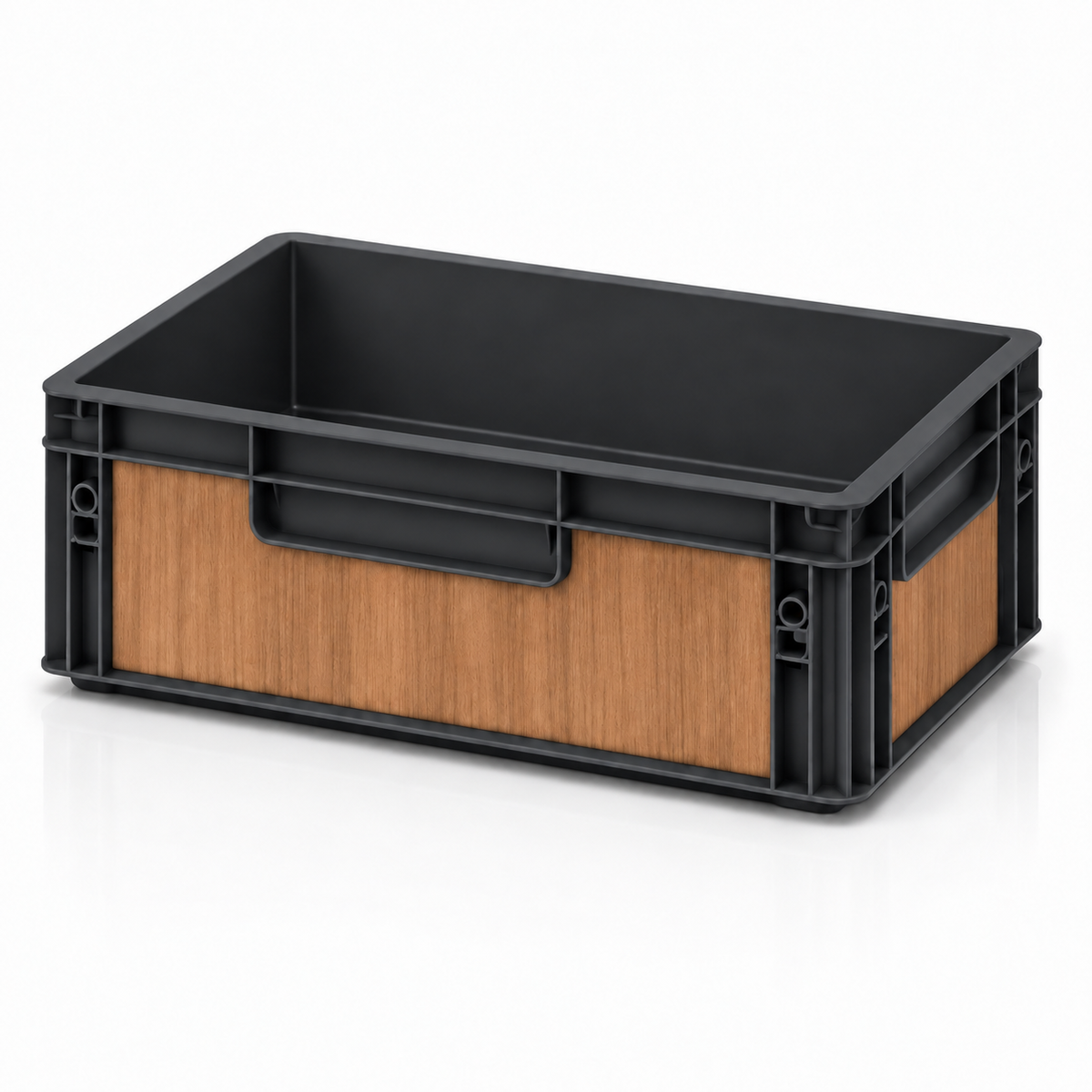 Schwarze Eurobox 40 × 30 × 12 cm mit Folienset in warmer Holzoptik