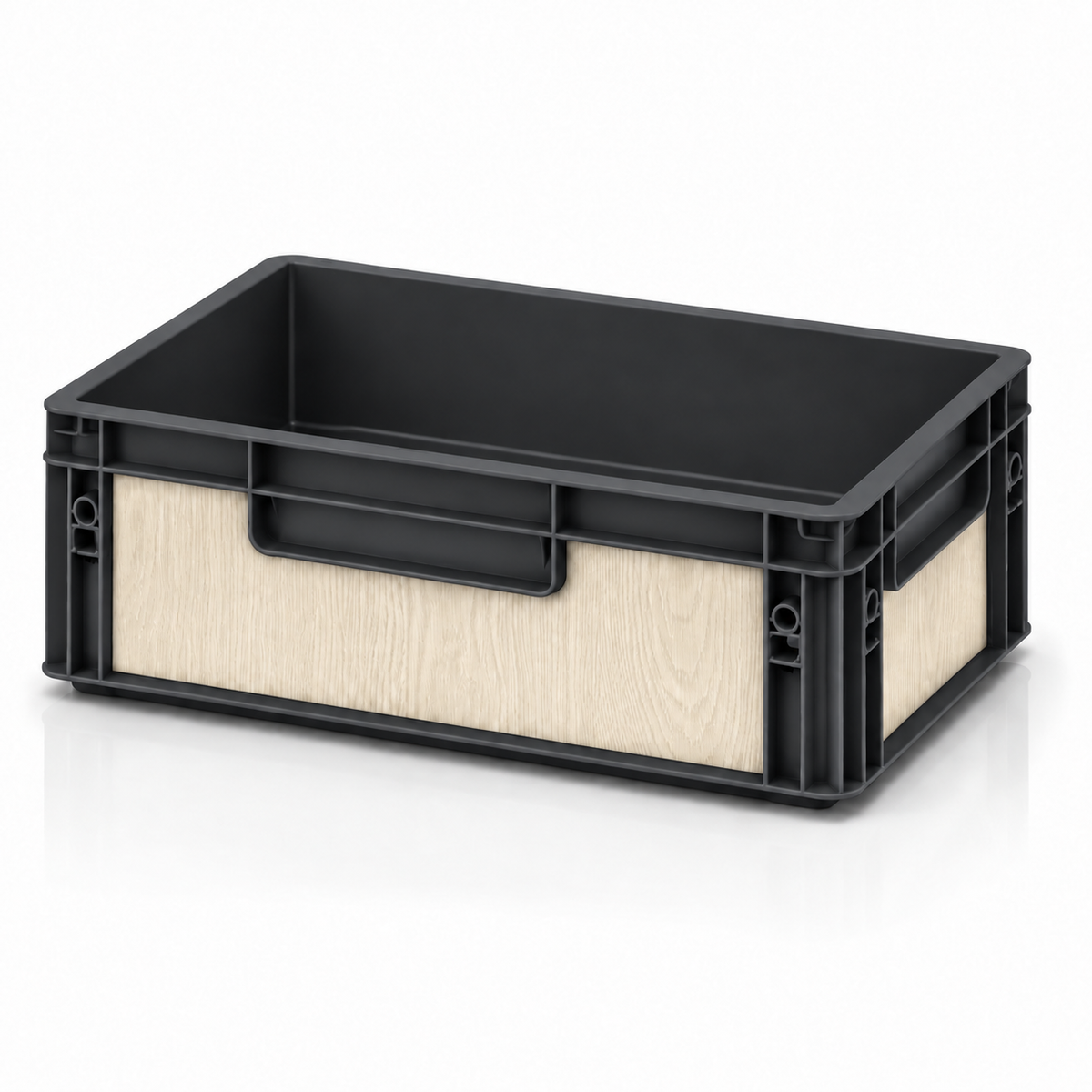 Schwarze Eurobox 40 × 30 × 12 cm mit Folienset in weißer Eiche Holzoptik