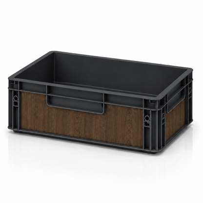 Schwarze Eurobox 40 × 30 × 12 cm mit Folienset in dunkler Nussbaum Holzoptik