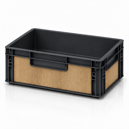 Schwarze Eurobox 40 × 30 × 12 cm mit Folienset in heller Eiche Holzoptik