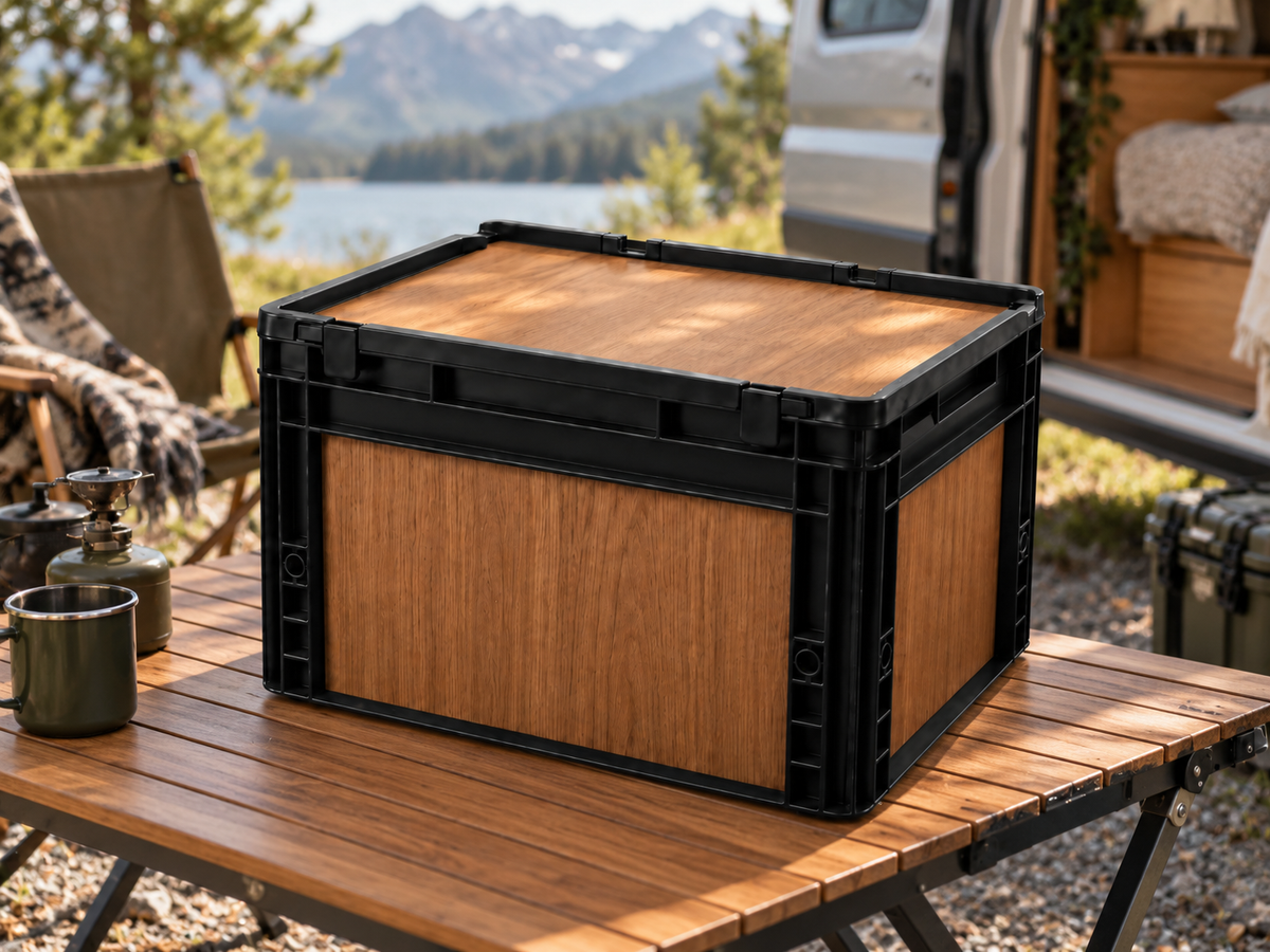 Fertig folierte Eurobox in Teak-Holzoptik auf Campingtisch vor Van und See