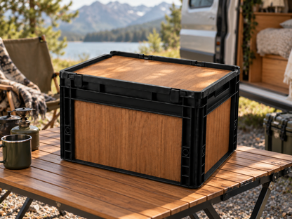 Fertig folierte Eurobox in Teak-Holzoptik auf Campingtisch vor Van und See