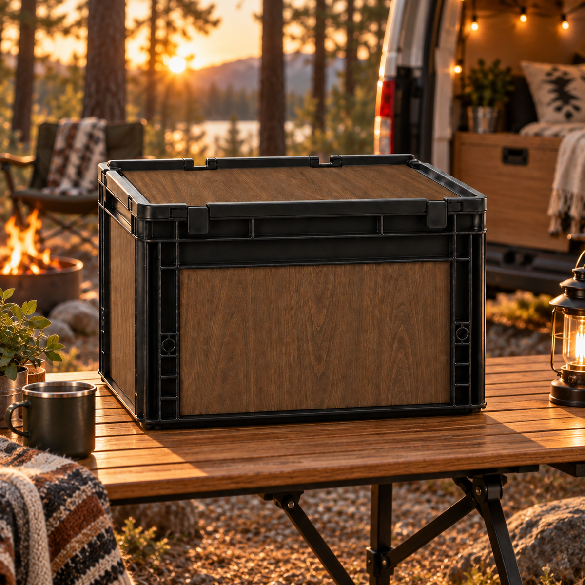 Fertig folierte schwarze Eurobox 40 × 30 × 27 cm in Nussbaum-Dunkel-Holzoptik auf Campingtisch vor Camper bei Sonnenuntergang